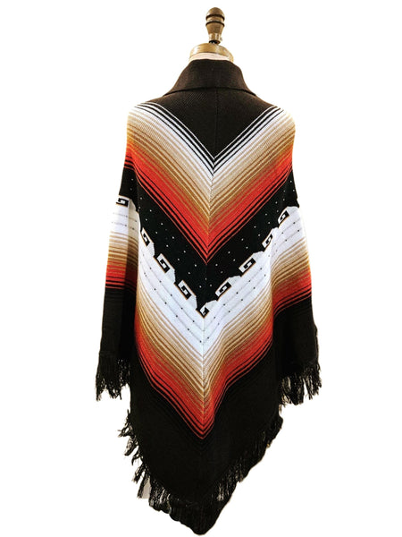 1970s Acrylic Fringe Poncho, Southwestern Boho Cape (Fits Small-Medium)