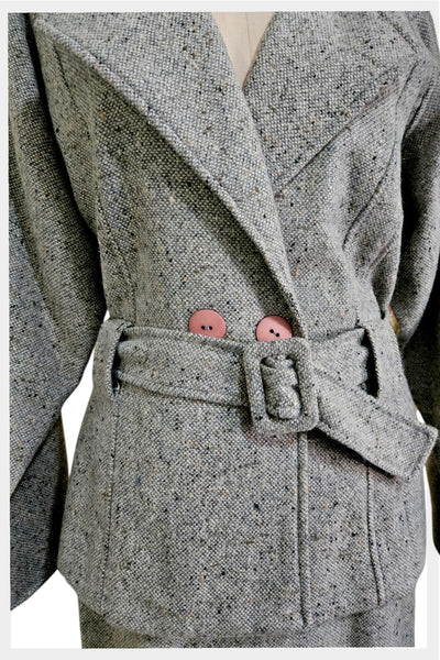 Vintage 70s Tweed Skirt Suit – NOS Belted Blazer, Medium