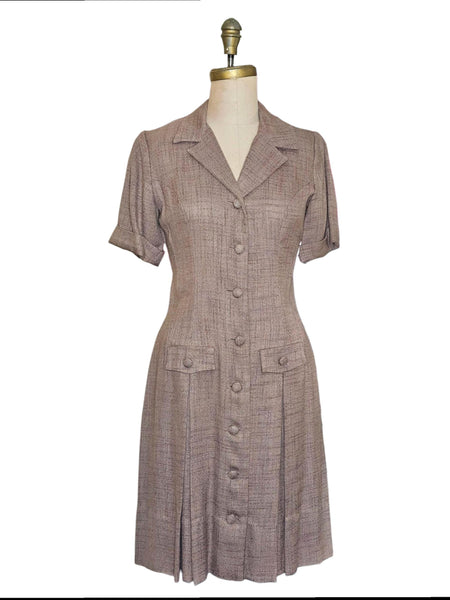 Vintage 1960s Linen Blend Dress: Mid-Century Pleated Skirt, Size M
