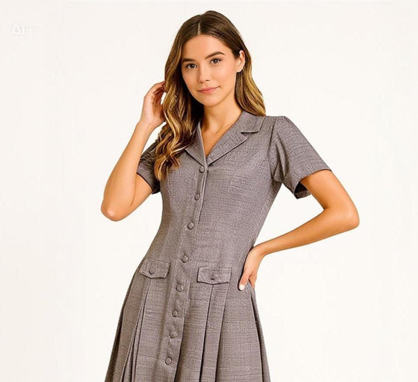 Vintage 1960s Linen Blend Dress: Mid-Century Pleated Skirt, Size M