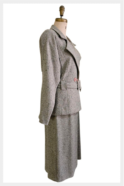 Vintage 70s Tweed Skirt Suit – NOS Belted Blazer, Medium