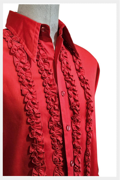Vintage 70s Monzini Red Ruffled Tuxedo Shirt | Men's L