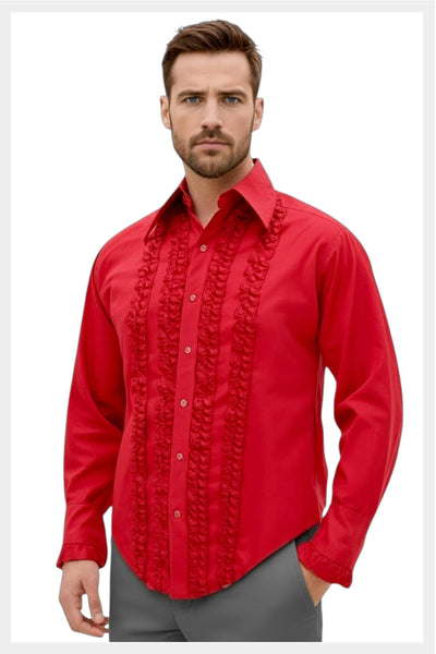 Vintage 70s Monzini Red Ruffled Tuxedo Shirt | Men's L