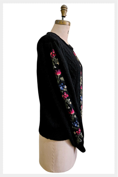 1980s Susan Bristol  hand-embroidered floral cable knit wool sweater | size M/L