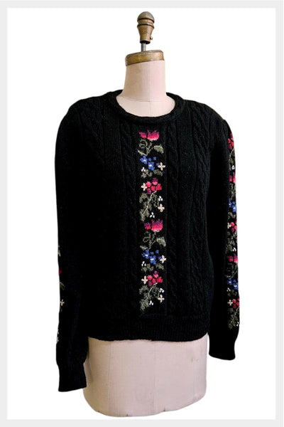 1980s Susan Bristol  hand-embroidered floral cable knit wool sweater | size M/L