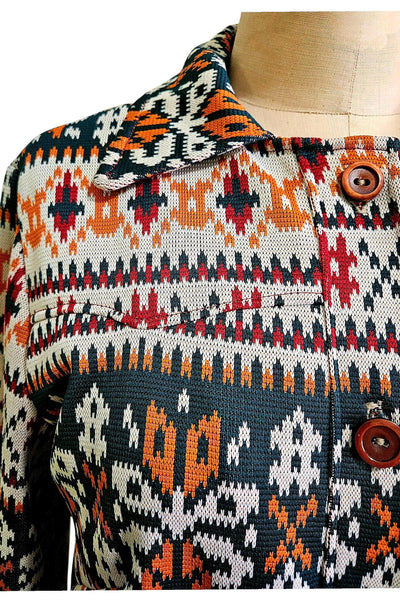 Vintage 1970s Southwestern Geometric Polyester Button Front Shacket | Small–Medium