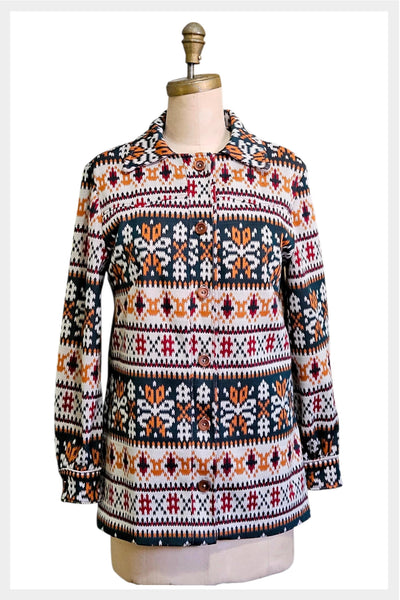 Vintage 1970s Southwestern Geometric Polyester Button Front Shacket | Small–Medium