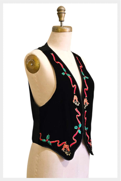 1990s black velvet-style Christmas vest embroidered ribbons & bells vest | medium