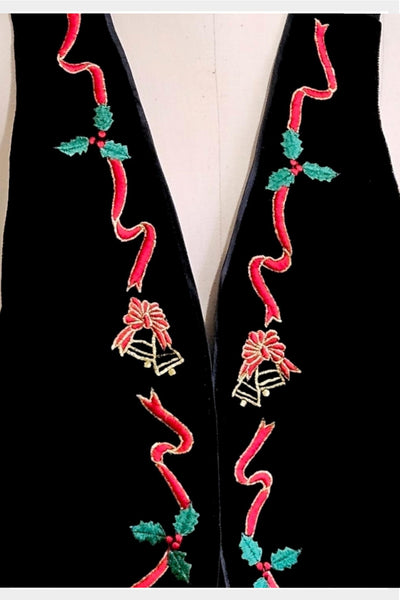 1990s black velvet-style Christmas vest embroidered ribbons & bells vest | medium