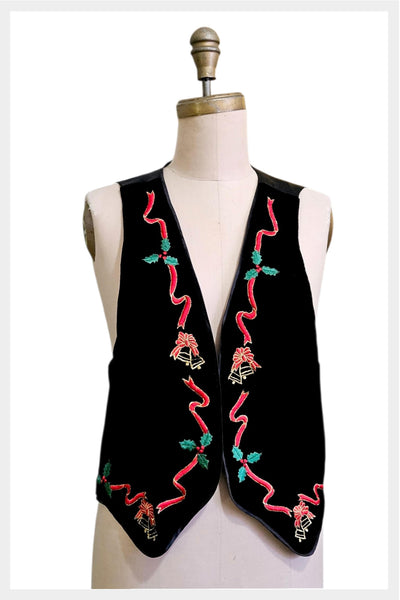 1990s black velvet-style Christmas vest embroidered ribbons & bells vest | medium