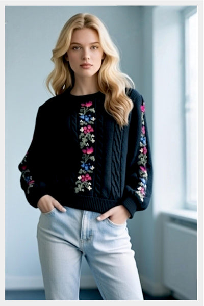 1980s Susan Bristol  hand-embroidered floral cable knit wool sweater | size M/L