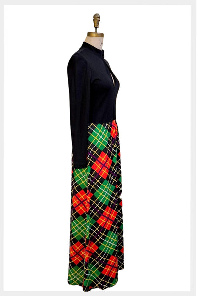 70s Plaid Maxi Dress |Peek-a-Boo Bodice, Medium