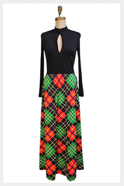 70s Plaid Maxi Dress |Peek-a-Boo Bodice, Medium