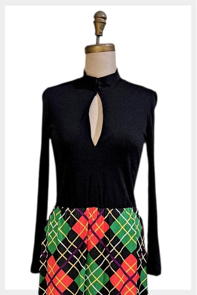 70s Plaid Maxi Dress |Peek-a-Boo Bodice, Medium