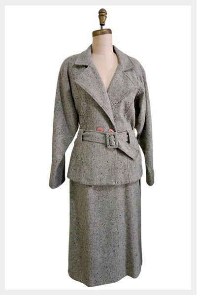 Vintage 70s Tweed Skirt Suit – NOS Belted Blazer, Medium