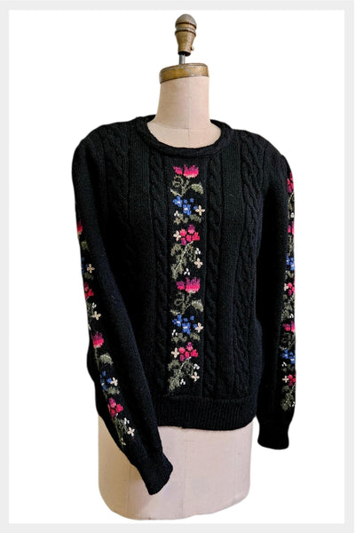 1980s Susan Bristol  hand-embroidered floral cable knit wool sweater | size M/L