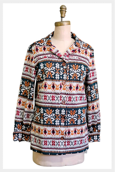 Vintage 1970s Southwestern Geometric Polyester Button Front Shacket | Small–Medium