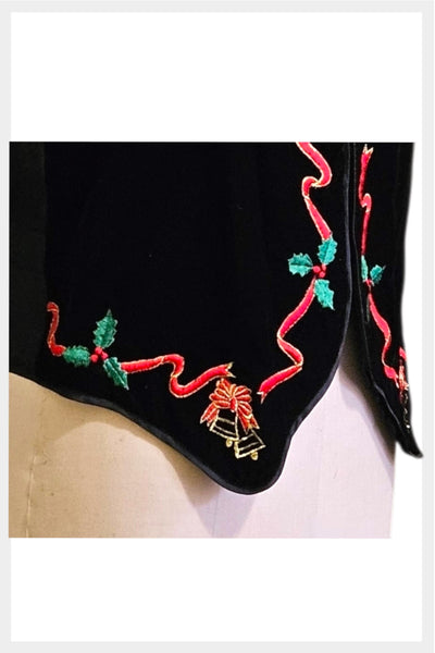 1990s black velvet-style Christmas vest embroidered ribbons & bells vest | medium