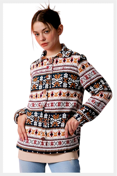 Vintage 1970s Southwestern Geometric Polyester Button Front Shacket | Small–Medium