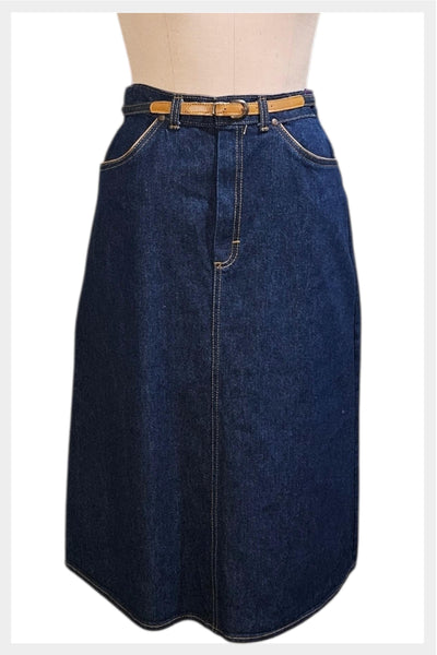 1970s high-waisted denim skirt with belt | Made in Canada | front fly | Medium