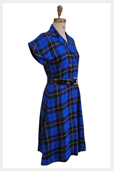 1970s blue plaid fit & flare dress | 70s Panache Canada | S-M