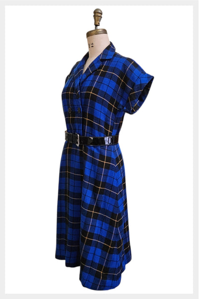 1970s blue plaid fit & flare dress | 70s Panache Canada | S-M
