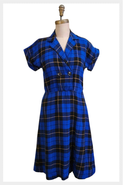 1970s blue plaid fit & flare dress | 70s Panache Canada | S-M