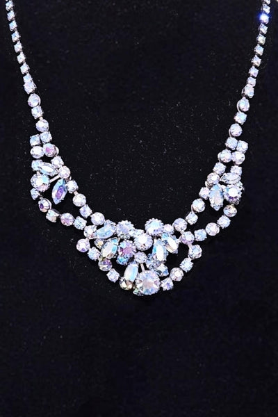 1950s–60s Blue Aurora Borealis Glass Rhinestone Necklace | Adjustable| 7" Statement Piece