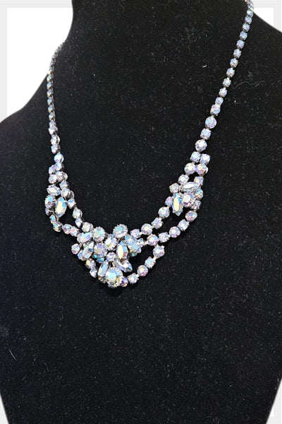 1950s–60s Blue Aurora Borealis Glass Rhinestone Necklace | Adjustable| 7" Statement Piece