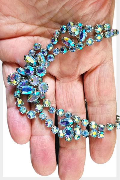 1950s–60s Blue Aurora Borealis Glass Rhinestone Necklace | Adjustable| 7" Statement Piece