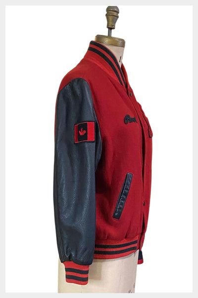 1990s Roots Varsity jacket | red wool, black leather sleeves, Made in Canada