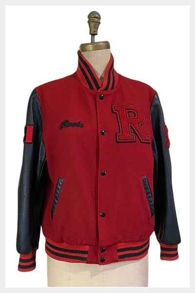 1990s Roots Varsity jacket | red wool, black leather sleeves, Made in Canada