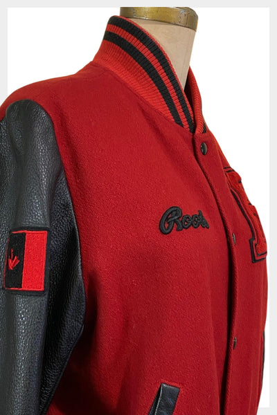 1990s Roots Varsity jacket | red wool, black leather sleeves, Made in Canada