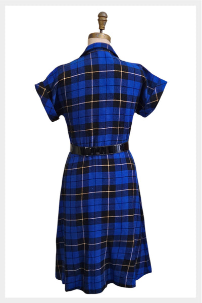 1970s blue plaid fit & flare dress | 70s Panache Canada | S-M