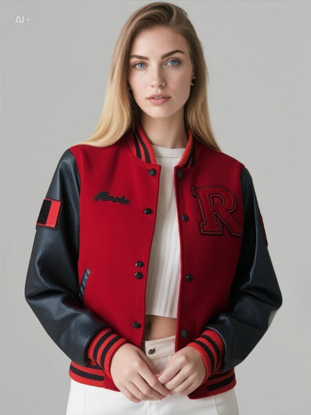 1990s Roots Varsity jacket | red wool, black leather sleeves, Made in Canada