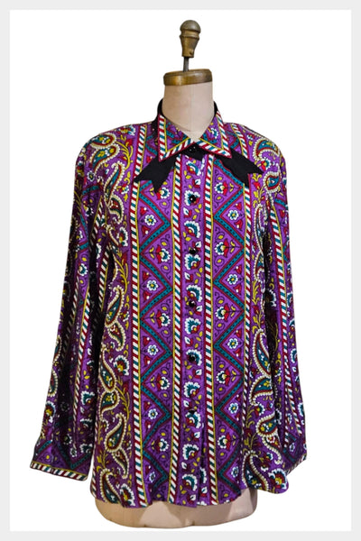 Vintage Bob Mackie silk paisley floral blouse, contrast black collar tie, Size L