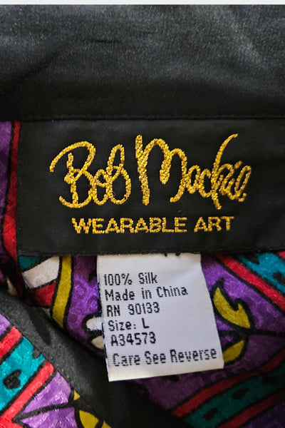 Vintage Bob Mackie silk paisley floral blouse, contrast black collar tie, Size L