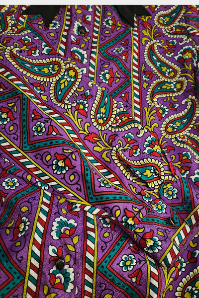 Vintage Bob Mackie silk paisley floral blouse, contrast black collar tie, Size L