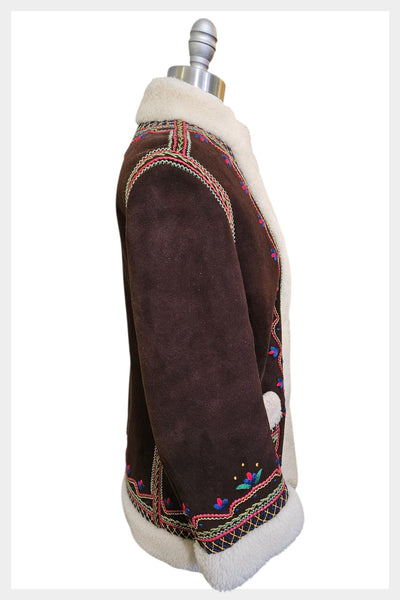 Vintage 70s Afghan Shearling Coat | Embroidered Suede, XSmall