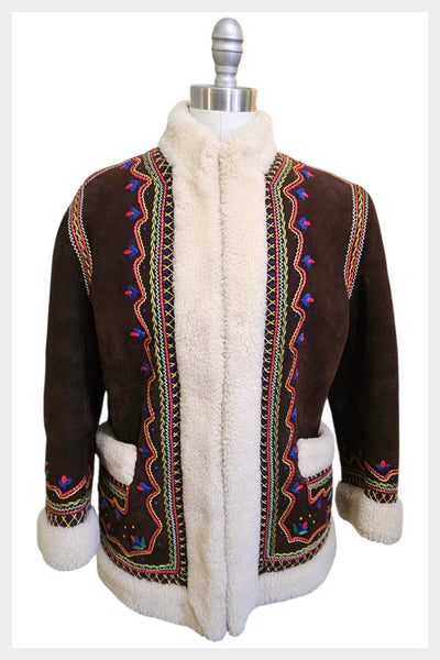 Vintage 70s Afghan Shearling Coat | Embroidered Suede, XSmall