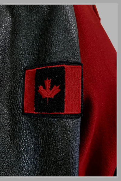 1990s Roots Varsity jacket | red wool, black leather sleeves, Made in Canada
