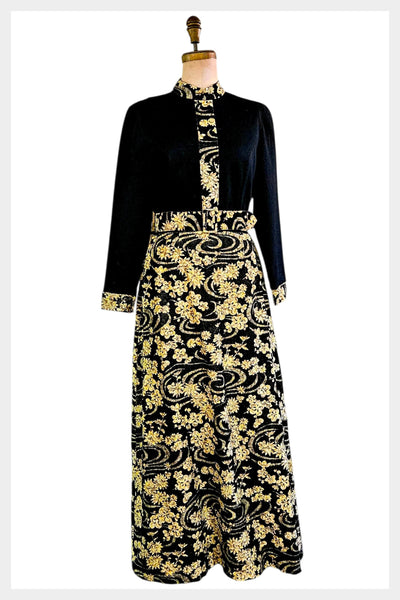 Vintage 1960s metallic lame floral maxi evening gown | medium