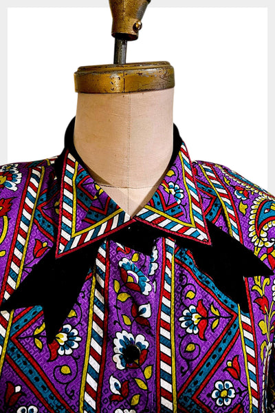 Vintage Bob Mackie silk paisley floral blouse, contrast black collar tie, Size L