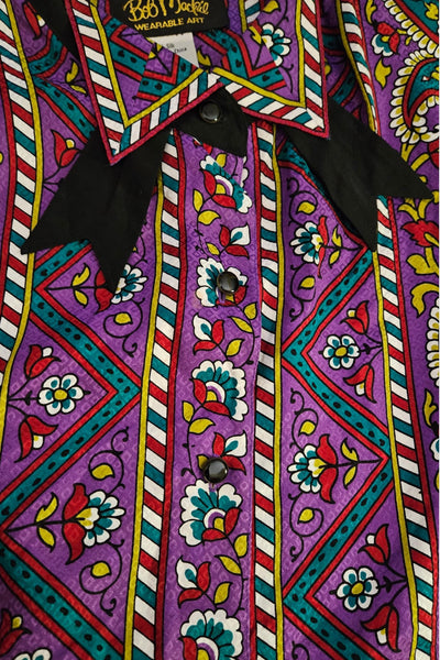Vintage Bob Mackie silk paisley floral blouse, contrast black collar tie, Size L