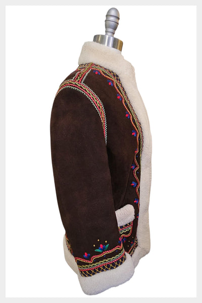 Vintage 70s Afghan Shearling Coat | Embroidered Suede, XSmall