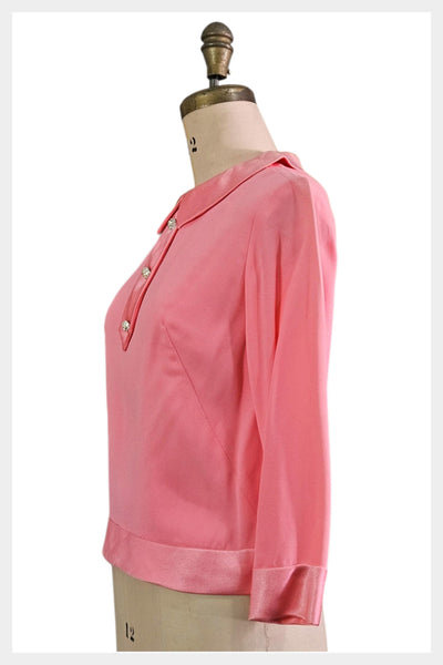 1960s Pink Faille Blouse – Vintage Rhinestone Button Top, Peter Pan Collar