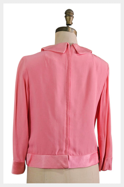 1960s Pink Faille Blouse – Vintage Rhinestone Button Top, Peter Pan Collar
