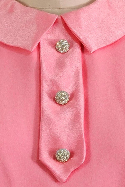 1960s Pink Faille Blouse – Vintage Rhinestone Button Top, Peter Pan Collar