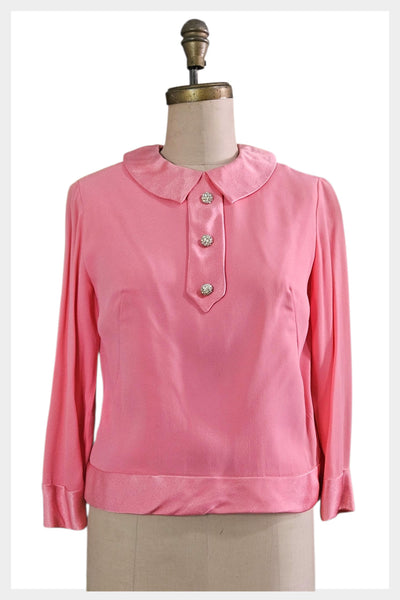 1960s Pink Faille Blouse – Vintage Rhinestone Button Top, Peter Pan Collar