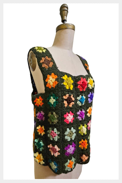 Vintage 1970s hand crocheted granny square patchwork top/vest – large
